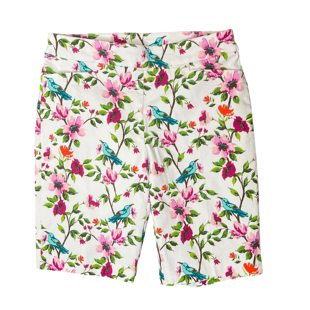 Time Tru Millennium Bermuda Shorts Women S 4-6 White Floral Bird Pull On Stretch